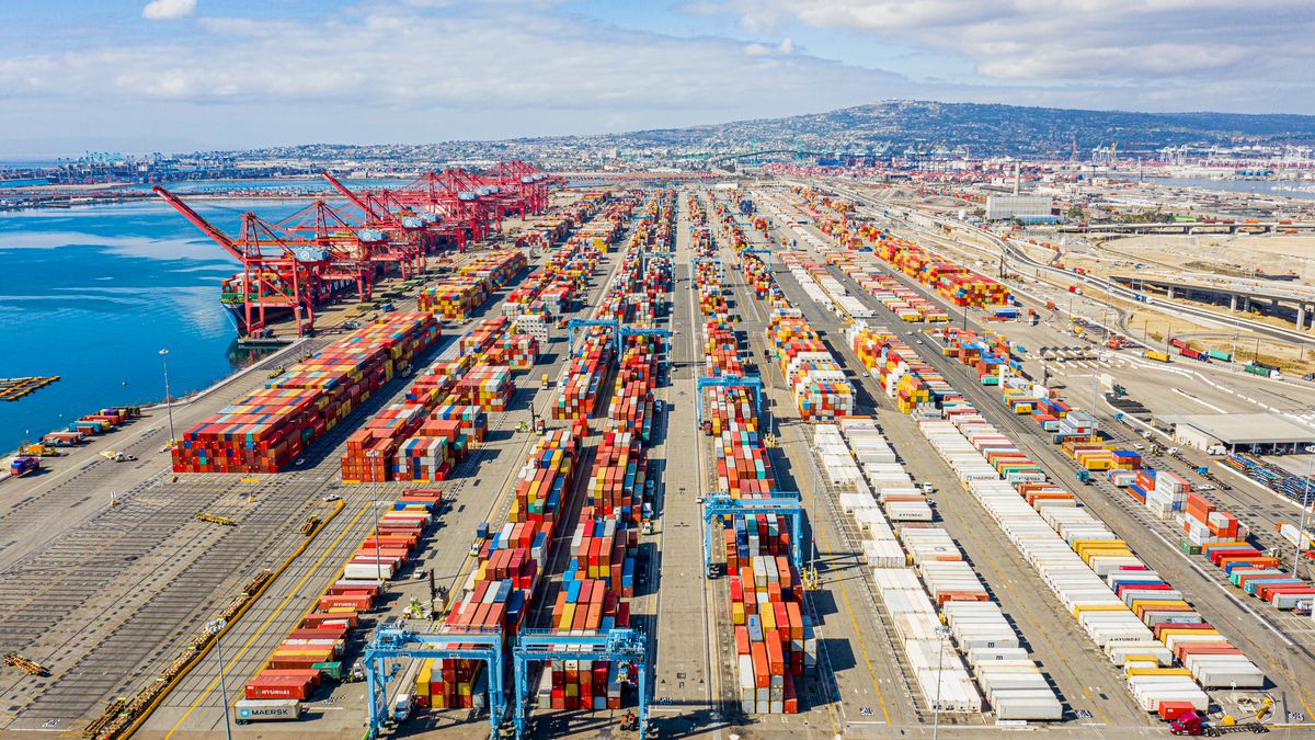 Aerial image of containers in the Port of Long Beach, California.