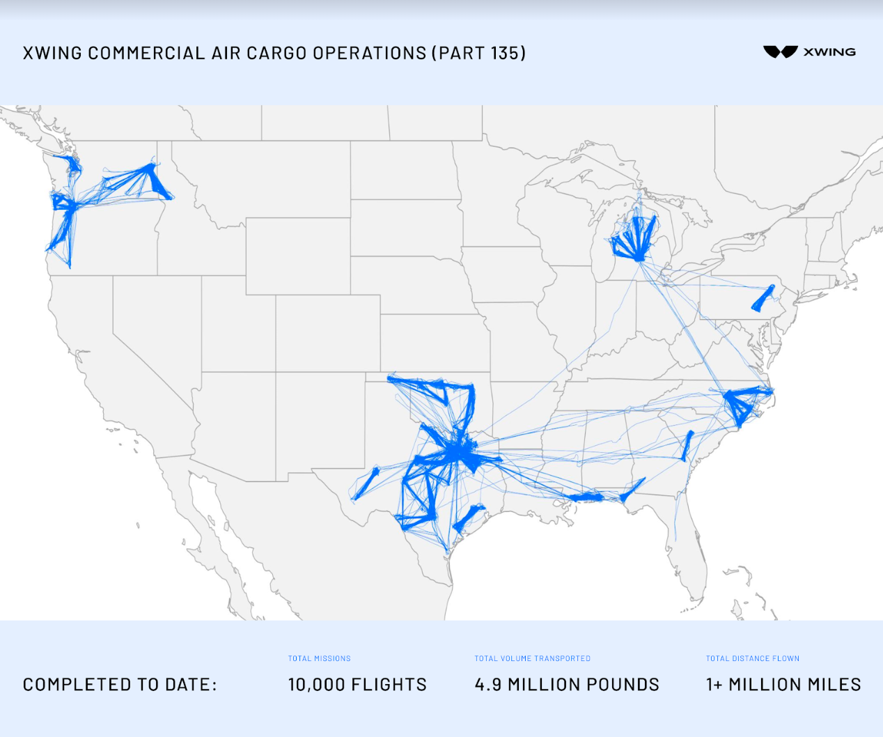 A map shows Xwing's commercial cargo activity in the U.S. as of July 28.